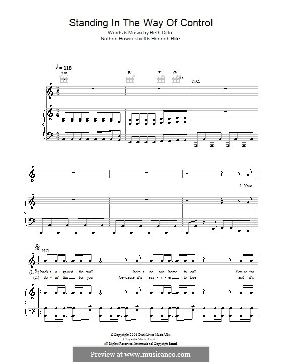 Standing in the Way of Control (The Gossip): For voice and piano (or guitar) by Beth Ditto, Hannah Blilie, Nathan Howdeshell