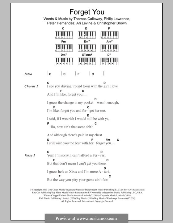 Forget You (Cee Lo Green): Lyrics and piano chords by Ari Levine, Christopher Brown, Bruno Mars, Philip Lawrence, Thomas Callaway