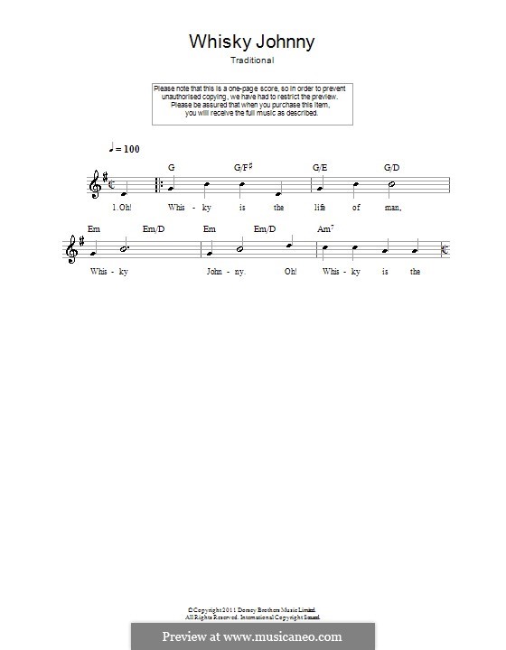 Whisky Johnny: Melody line, lyrics and chords by folklore