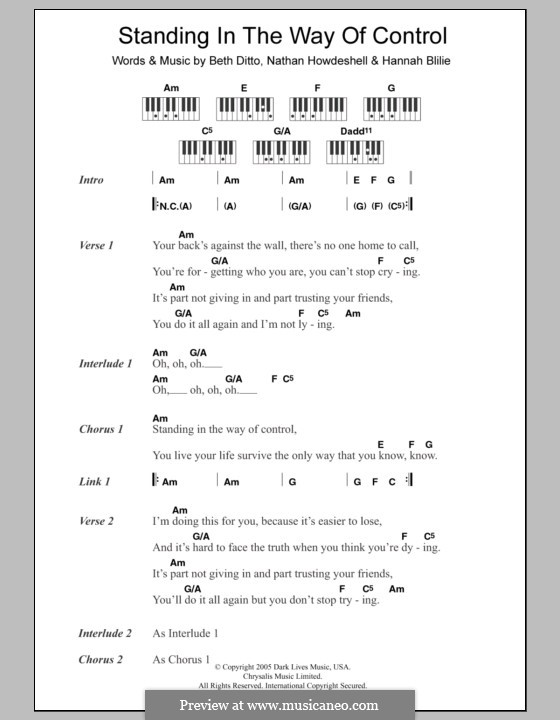 Standing in the Way of Control (The Gossip): Lyrics and piano chords by Beth Ditto, Hannah Blilie, Nathan Howdeshell