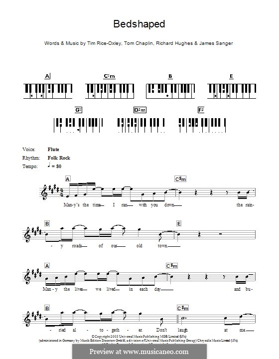 Bedshaped (Keane): For keyboard by James Sanger, Richard Hughes, Tim Rice-Oxley, Tom Chaplin