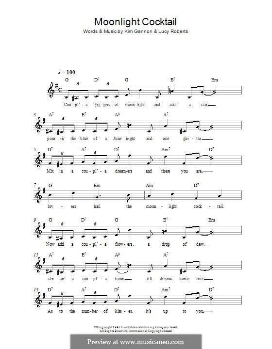 Moonlight Cocktail: Melody line, lyrics and chords by Kim Gannon, Lucy Roberts