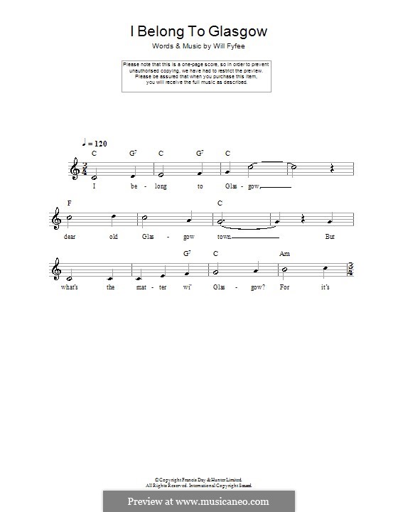 I Belong to Glasgow: Melody line, lyrics and chords by Will Fyfee