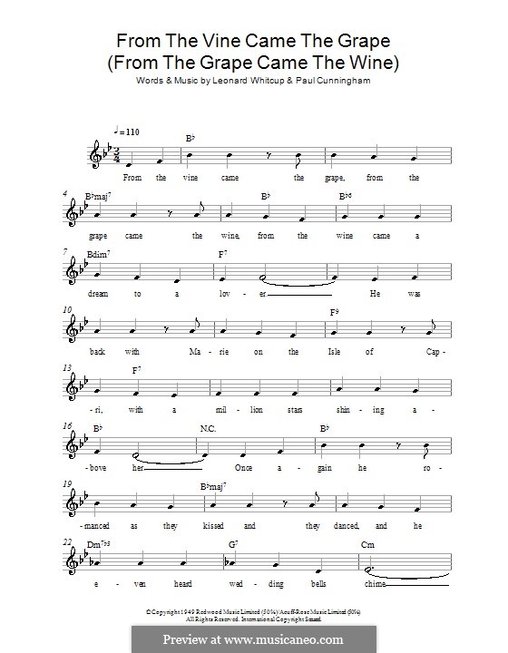 From the Vine Came the Grape (from The Grape Came the Wine): Melody line, lyrics and chords by Paul Cunningham, Leonard Whitcup
