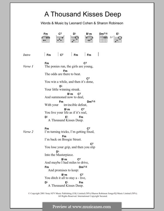 A Thousand Kisses Deep: Lyrics and chords by Leonard Cohen, Sharon Robinson