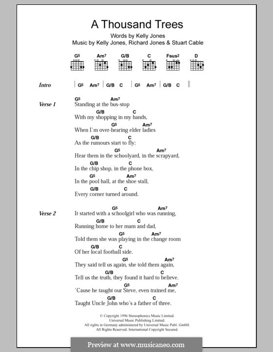 A Thousand Trees (Stereophonics): Lyrics and chords by Kelly Jones, Richard Jones, Stuart Cable