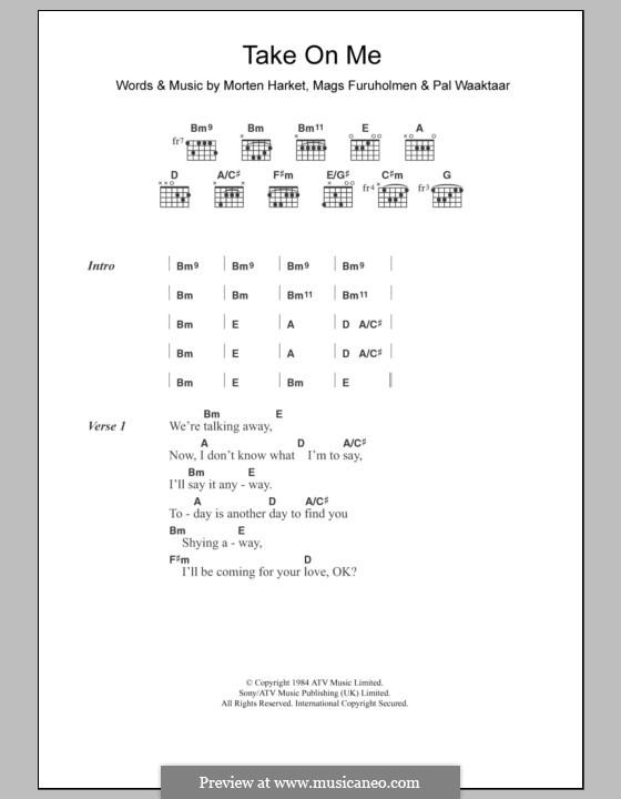 Vocal-instrumental version: Lyrics and chords by Mags Furuholmen, Morten Harket, Pal Waaktaar