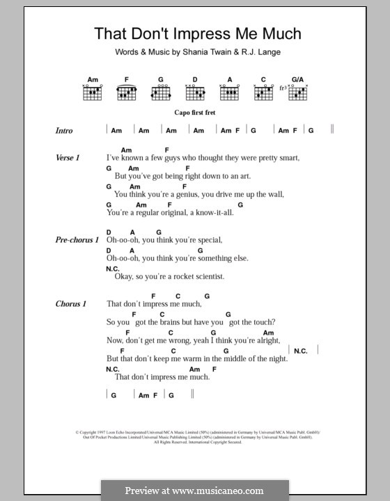 That Don't Impress Me Much: Lyrics and chords by Robert John Lange, Shania Twain