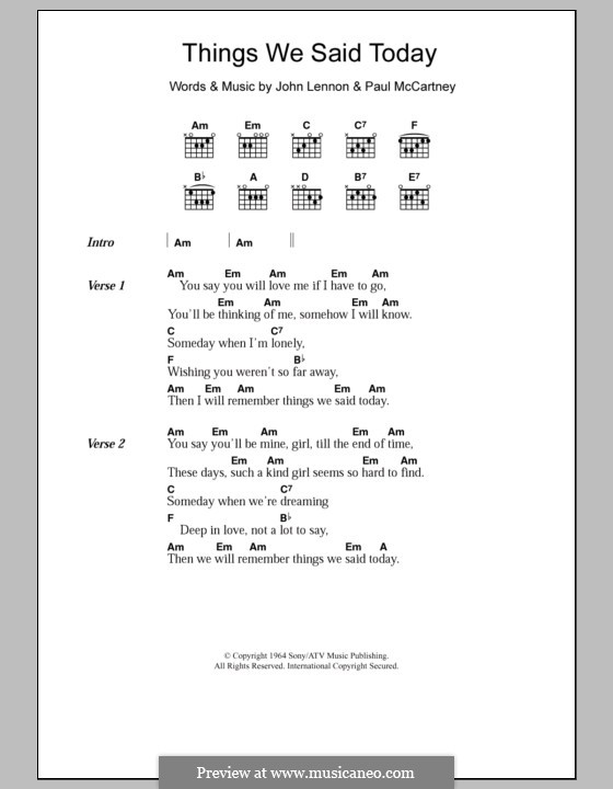 Things We Said Today (The Beatles): Lyrics and chords by John Lennon, Paul McCartney