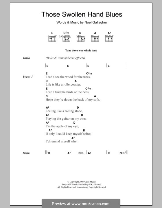 Those Swollen Hand Blues (Oasis): Lyrics and chords by Noel Gallagher