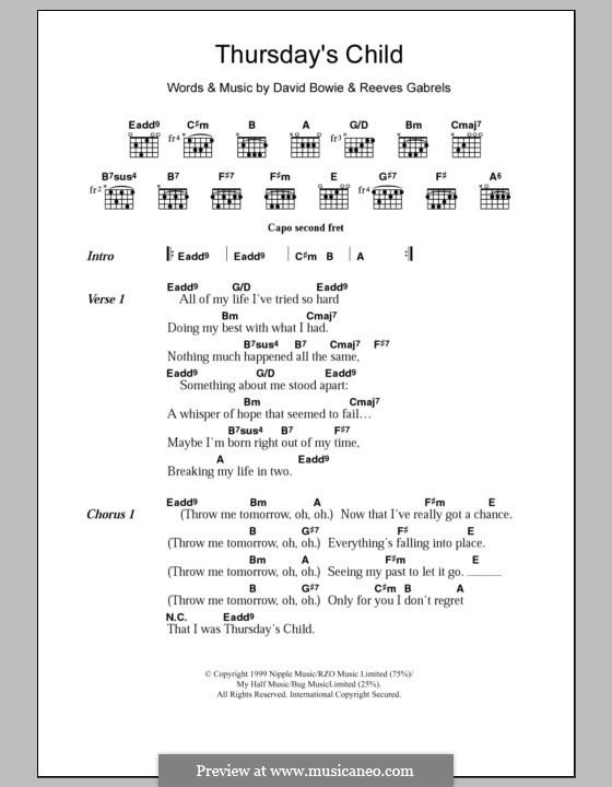 Thursday's Child: Lyrics and chords by David Bowie, Reeves Gabrels