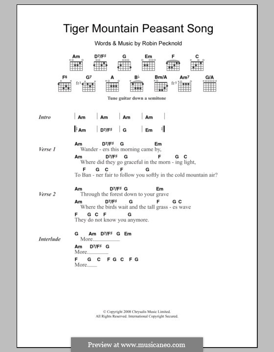 Tiger Mountain Peasant Song (Fleet Foxes): Lyrics and chords by Robin Pecknold
