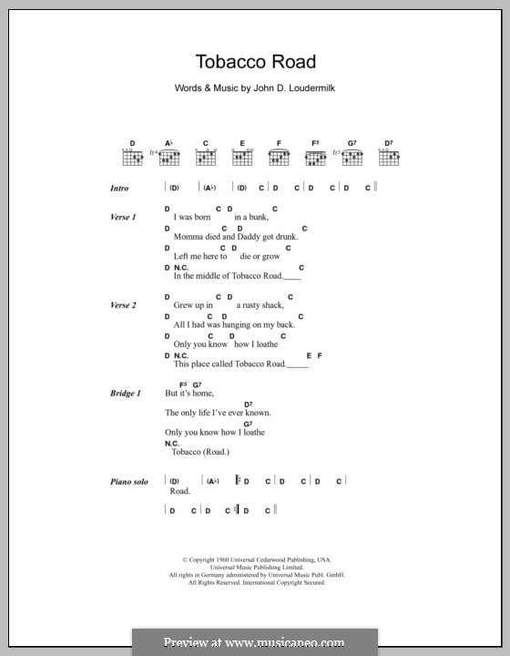 Tobacco Road (The Nashville Teens): Lyrics and chords by John D. Loudermilk