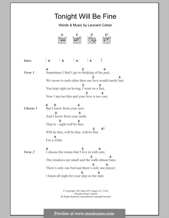 Tonight Will Be Fine: Lyrics and chords by Leonard Cohen