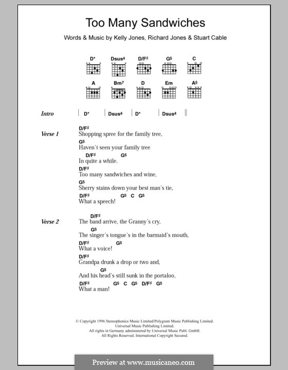 Too Many Sandwiches (Stereophonics): Lyrics and chords by Kelly Jones, Richard Jones, Stuart Cable