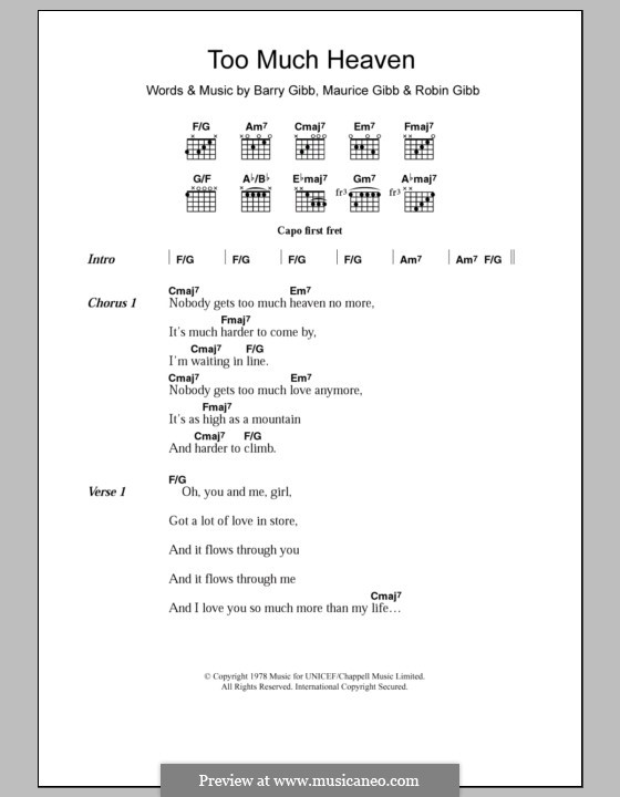 Too Much Heaven (The Bee Gees): Lyrics and chords by Barry Gibb, Maurice Gibb, Robin Gibb