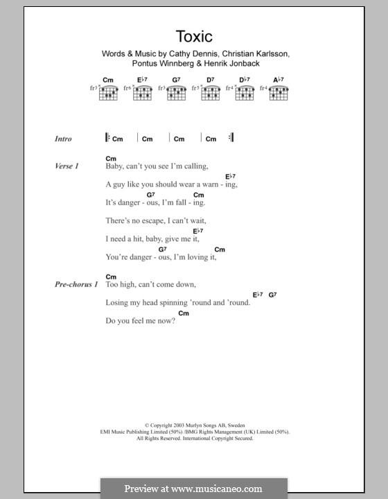 Toxic: Lyrics and chords by Cathy Dennis, Christian Karlsson, Henrik Jonback, Pontus Winnberg