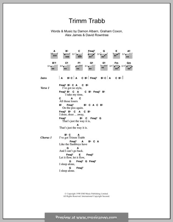 Trimm Trabb (Blur): Lyrics and chords by Alex James, Damon Albarn, David Rowntree, Graham Coxon