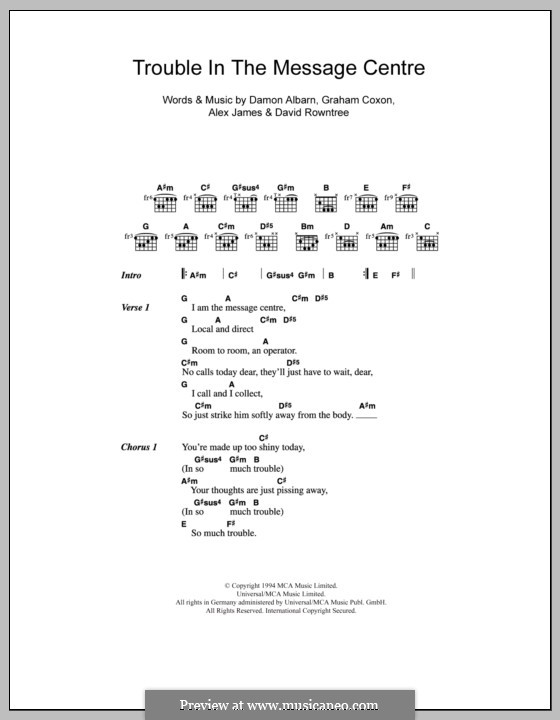 Trouble in the Message Centre (Blur): Lyrics and chords by Alex James, Damon Albarn, David Rowntree, Graham Coxon