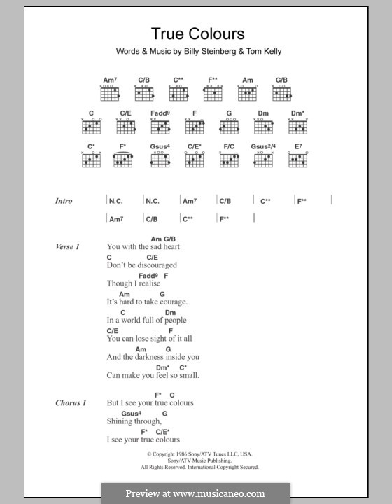 True Colors: Lyrics and chords by Billy Steinberg, Tom Kelly