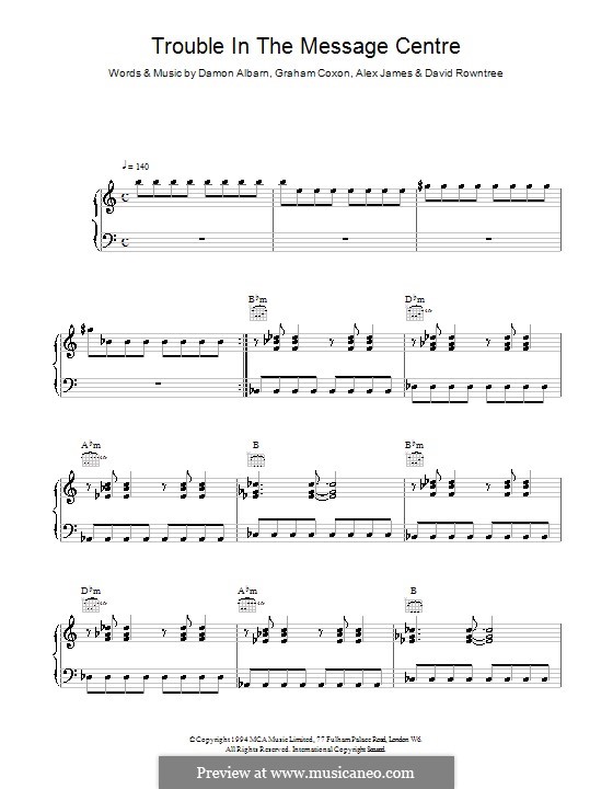 Trouble in the Message Centre (Blur): For voice and piano (or guitar) by Alex James, Damon Albarn, David Rowntree, Graham Coxon