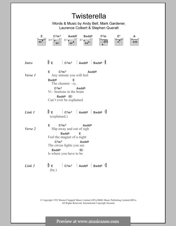 Twisterella (Ride): Lyrics and chords by Andy Bell, Laurence Colbert, Mark Gardener, Stephen Queralt