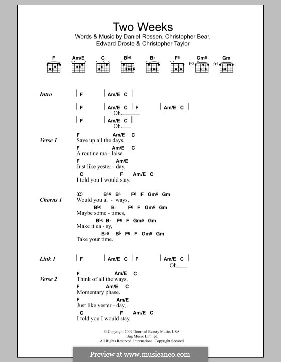 Two Weeks (Grizzly Bear): Lyrics and chords by Christopher Bear, Christopher Taylor, Daniel Rossen, Edward Droste