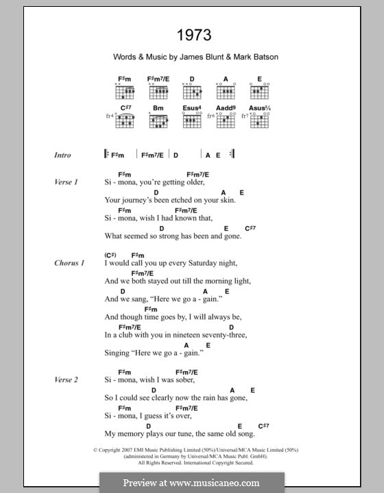 1973: Lyrics and chords by James Blunt, Mark Batson