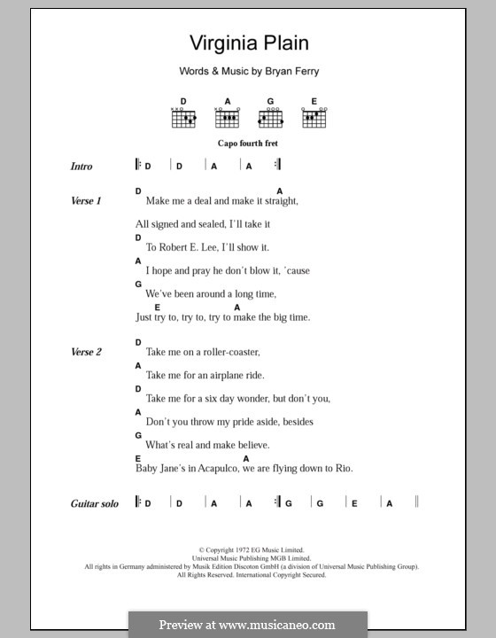 Virginia Plain (Roxy Music): Lyrics and chords by Bryan Ferry