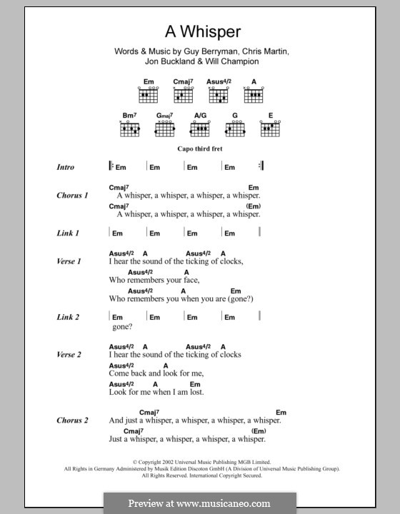 A Whisper (Coldplay): Lyrics and chords by Chris Martin, Guy Berryman, Jonny Buckland, Will Champion