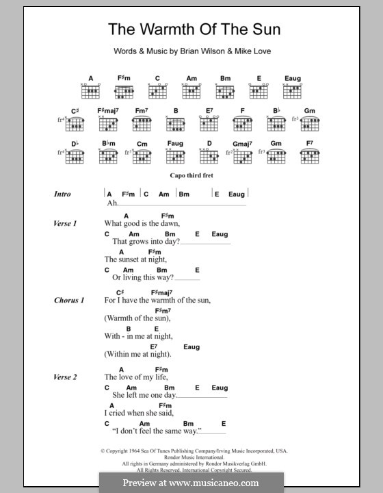 The Warmth of the Sun (The Beach Boys): Lyrics and chords by Brian Wilson, Mike Love