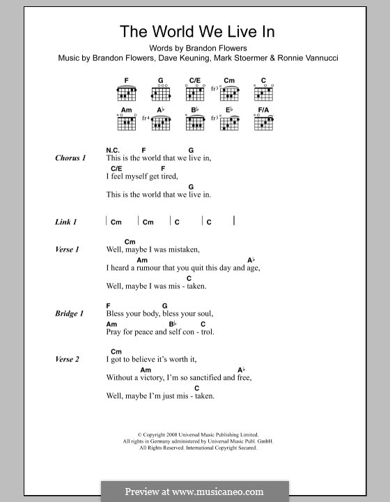 The World We Live in (The Killers): Lyrics and chords by Brandon Flowers, Dave Keuning, Mark Stoermer, Ronnie Vannucci