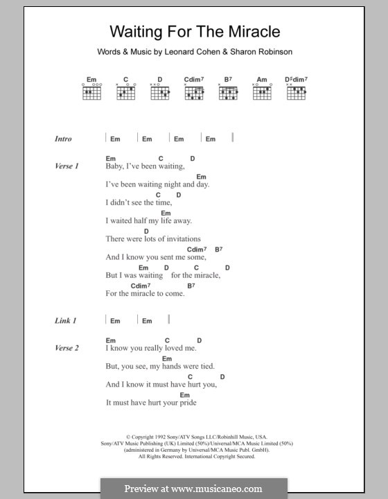 Waiting for the Miracle: Lyrics and chords by Leonard Cohen, Sharon Robinson