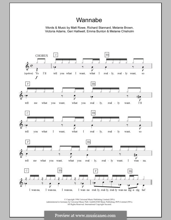 Wannabe (The Spice Girls): For keyboard by Emma Bunton, Geri Halliwell, Matt Rowe, Melanie Brown, Melanie C, Richard Stannard, Victoria Adams