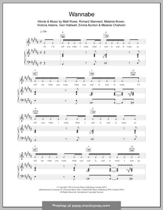 Wannabe (The Spice Girls): For voice and piano (or guitar) by Emma Bunton, Geri Halliwell, Matt Rowe, Melanie Brown, Melanie C, Richard Stannard, Victoria Adams