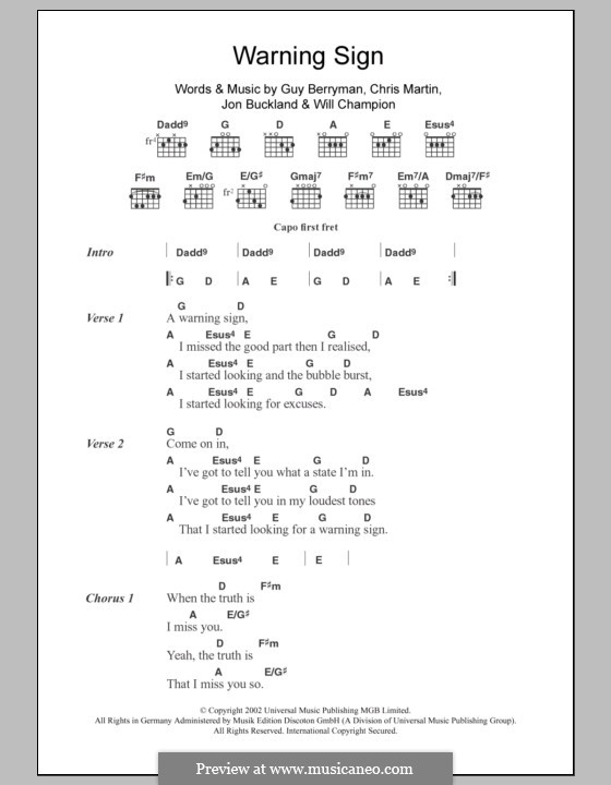 Warning Sign (Coldplay): Lyrics and chords by Chris Martin, Guy Berryman, Jonny Buckland, Will Champion