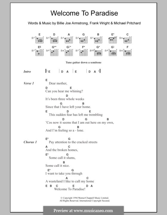 Welcome to Paradise (Green Day): Lyrics and chords by Billie Joe Armstrong, Tré Cool, Michael Pritchard