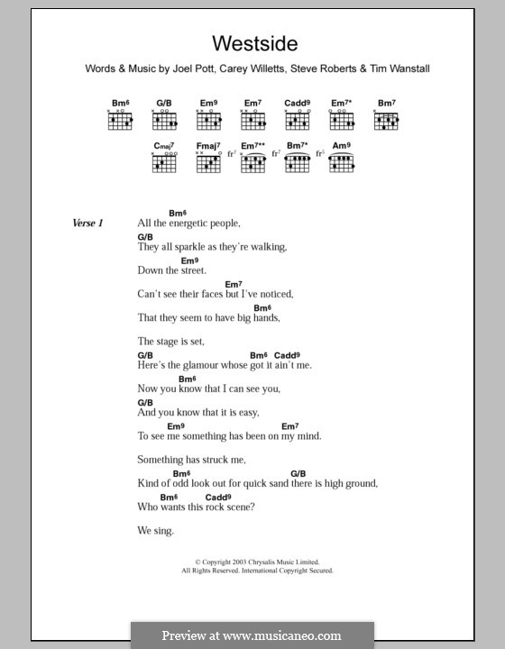 Westside (Athlete): Lyrics and chords by Carey Willetts, Joel Pott, Steven Roberts, Timothy Wanstall