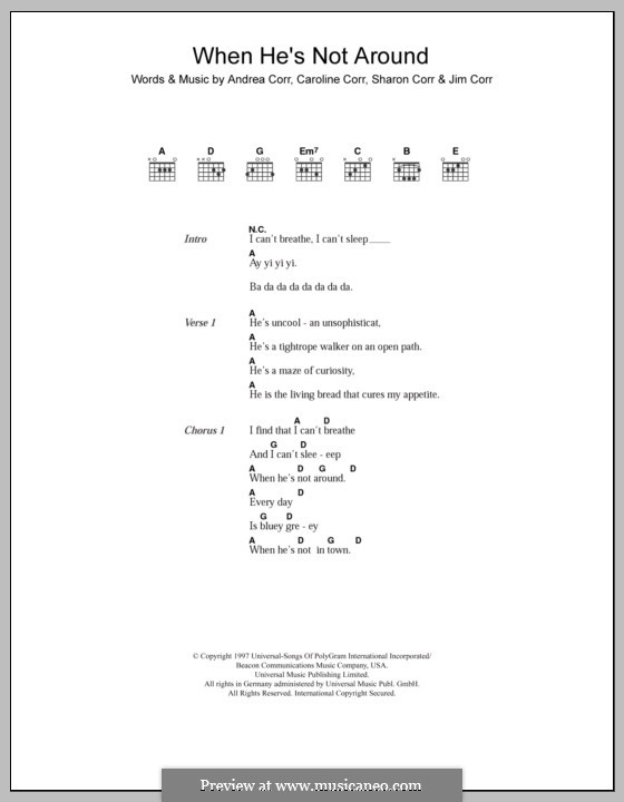 When He's Not Around (The Corrs): Lyrics and chords by Andrea Corr, Caroline Corr, Jim Corr, Sharon Corr