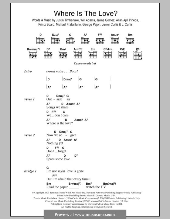 Where Is the Love (The Black Eyed Peas): Lyrics and chords by apl.de.ap, George Pajon Jr., Johnny Curtis, Jaime Gomez, Junior Curtis, Justin Timberlake, Michael Fratantuno, Printz Board, will.i.am