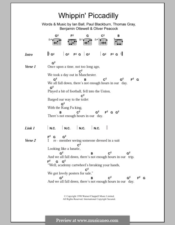 Whippin' Piccadilly (Gomez): Lyrics and chords by Thomas J. Gray, Benjamin Ottewell, Ian Ball, Oliver Peacock, Paul Blackburn