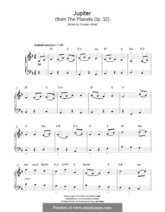 Jupiter: Version for easy piano (with chords) by Gustav Holst