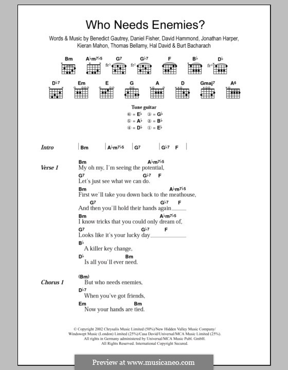 Who Needs Enemies? (The Cooper Temple Clause): Lyrics and chords by Burt Bacharach, Benedict Gautrey, Daniel Fisher, David Hammond, Hal David, Jonathan Harper, Kieran Mahon, Tom Bellamy