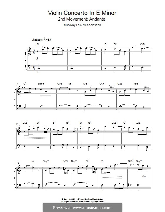Concerto for Violin and Orchestra in E Minor, Op.64: Andante. Version for piano by Felix Mendelssohn-Bartholdy