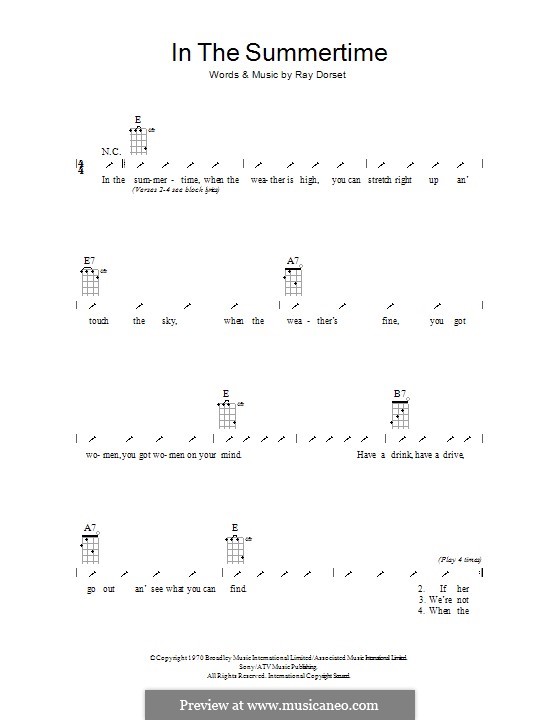 In the Summertime (Mungo Jerry): For ukulele with strumming patterns by Ray Dorset