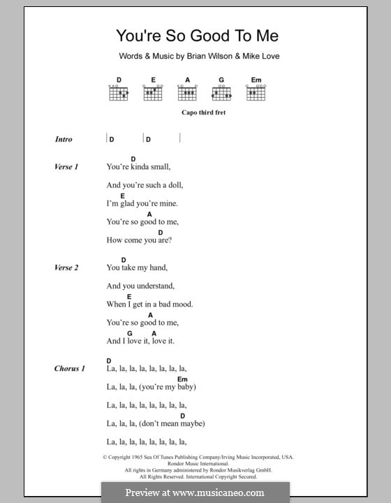 You're So Good to Me (The Beach Boys): Lyrics and chords by Brian Wilson, Mike Love