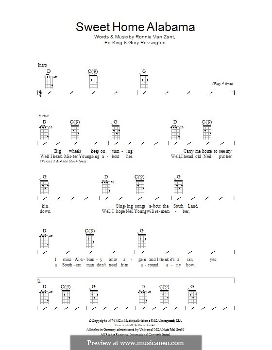 Sweet Home Alabama (Lynyrd Skynyrd): Ukulele with strumming patterns by Ed King, Gary Rossington, Ronnie Van Zant