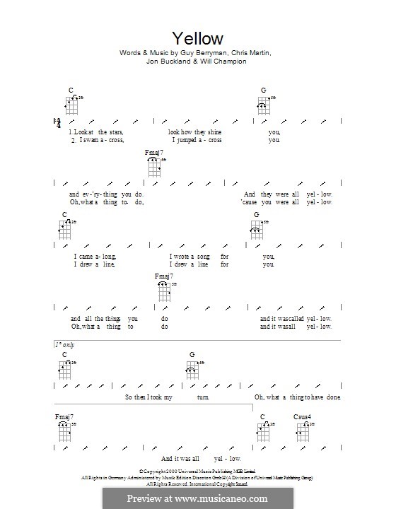 Yellow (Coldplay): Ukulele with strumming patterns by Chris Martin, Guy Berryman, Jonny Buckland, Will Champion