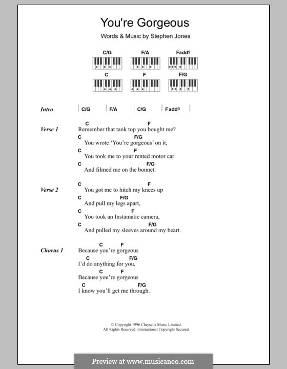 You're Gorgeous (Babybird): Lyrics and piano chords by Stephen Jones
