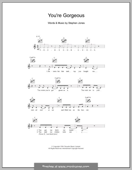 You're Gorgeous (Babybird): Melody line, lyrics and chords by Stephen Jones